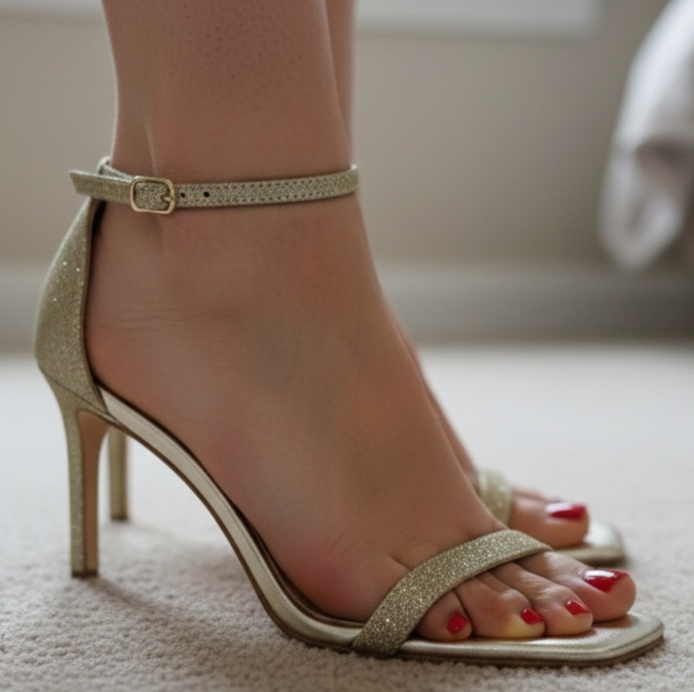 Stuart Weitzman Amelina 75 Ankle Strap Heel Fig Fine Glitter Size 7.5 NEW